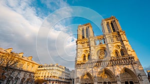 View of Notre dame cathedral and surrounding during Autumn season in the evening with clear sky . One of the most important church