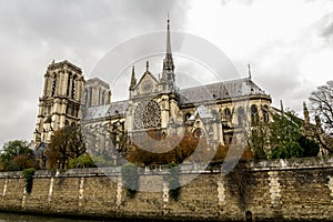 A view of Notre-Dame de Paris cathedral in autumn after rain, Paris
