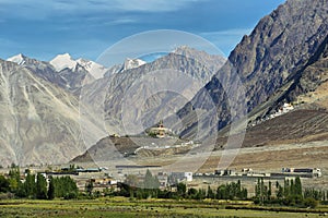 View of Nubra valley with Maitreya Buddha statue and Diskit gompa, Ladakh, India