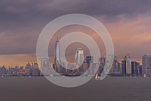 View of nyC skyline at sunset