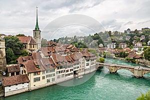 View of the Nydeggbrucke Bridge and the Protestant Church of Nydeggkirche in Bern, Switzerland
