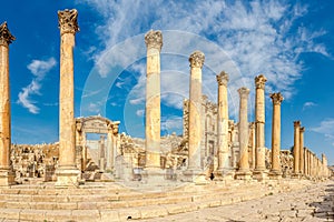 View at the Nymphaeum at Maximus street in Archaeological complex of Jerash - Jordan