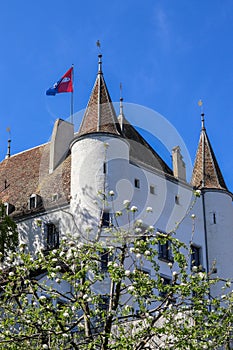 View at Nyon castle with flag waving on the roof through blooming tree