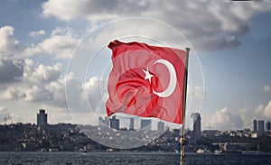 View o Turkish flag waving on a ferry boat