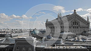 View from the observation deck of the gallery La Fayette Paris from a height. In the distance are the flags of France