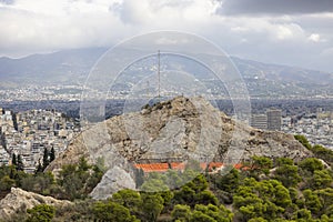 View from observation deck of Mount Lycabettus of open-air amphitheater, Lycabettus Theatre, Athens, Greece