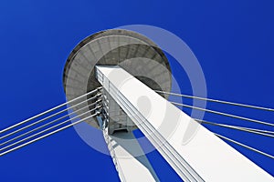 View of observation deck and restaurant on the modern bridge called Ufo in Bratislava, Slovakia