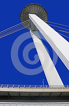 View of observation deck and restaurant on the modern bridge called Ufo in Bratislava, Slovakia