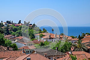 View from the observation deck on the roofs of the old buildings of the old city of Kaleici in Antalya, Turkey