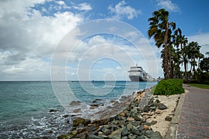 View of the ocean and cruise ships in port in Aruba.
