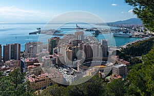 View of ocean harbor in Malaga, Spain