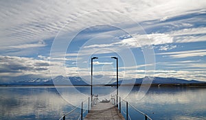 View on the ocean from the waterfront of Puerto Natales in Chile.