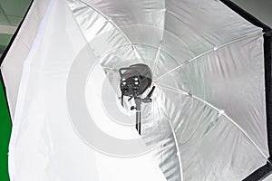 View into an octabox reflector with the flashlight in the middle