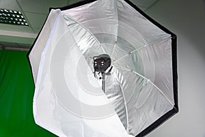 View into an octabox reflector with the flashlight in the middle