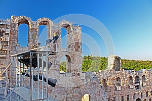 View of Odeon of Herodes Atticus from Acropolis of Athens, Greece