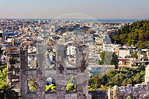 View of Odeon of Herodes Atticus from Acropolis and the city, Athens, Greece