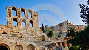 View of the  Odeon of Herodes Atticus and the Parthenon From Dionysiou Areopagitou Street, Athens, Greece