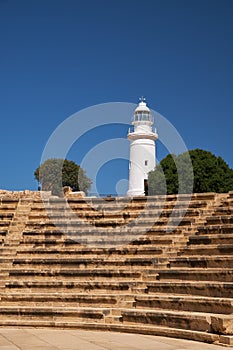 The view of Odeon and lighthouse in the Paphos Archaeological Park. Cyprus