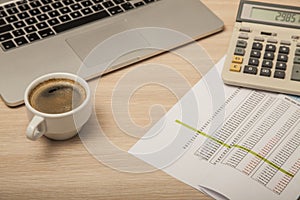 View of the office desk, calculations and notes, view from above