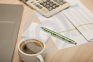 View of the office desk, calculations and notes