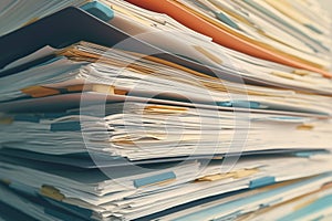 view of office documents Close up clipped together, stacked neatly