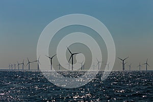 View of the offshore windmills of Rampion windfarm off the coast of Brighton, Sussex, UK