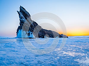 View of Ogoy Island in Frozen Lake Baikal