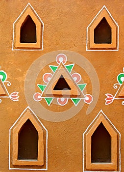 View of oil lamp placing area on the Indian Hindu traditional rural mud hut wall