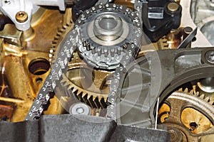 View of the oil pump drive chain of an automobile engine