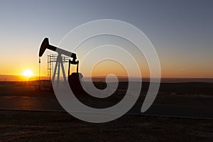 View of Oil Well Pumpjack at Sunset Oil Industry