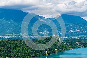 A view from the Ojstrica viewpoint towards the castle above Lake Bled, Slovenia