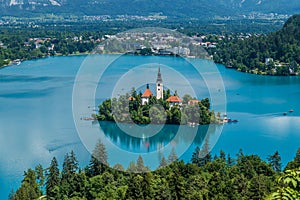 A view from the Ojstrica viewpoint towards the islet on Lake Bled, Slovenia