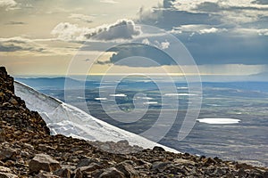 View from Ok Vulcano to tundra lakes and Atlantic. Iceland.