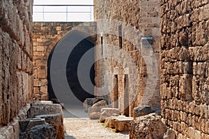 View of the old ancient walls of the crusader castle in the historic city of Byblos. The city is a UNESCO World Heritage Site.