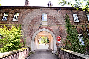 View of an old brick building entrance arch in Westfalia