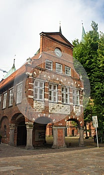 View of old brick house with arches, beautiful architecture, Lubeck, Germany