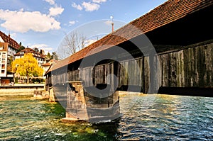 View of the old bridge and lake of Lucern in Switzerland