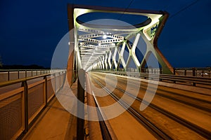 View of the old bridge over the Danube river in Bratislava at night