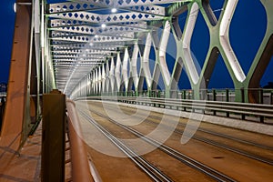 View of the old bridge over the Danube river in Bratislava at night