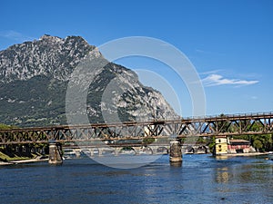 View of the old bridges of Lecco Town on Adda river