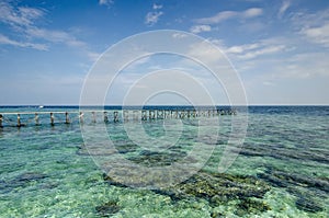 View of old broken jetty during sunny day with coral and green s