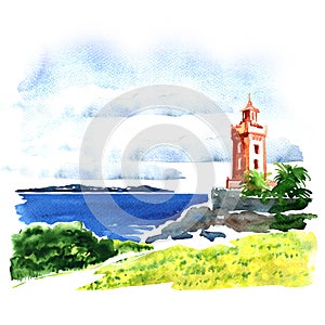 View of old building over sea, beautiful seascape, watercolor illustration