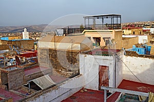 View of the old buildings roofs in medina quarter of Fez in Morocco. The medina of Fez is listed as a World Heritage Site and is