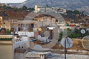 View of the old buildings roofs in medina quarter of Fez in Morocco. The medina of Fez is listed as a World Heritage Site and is