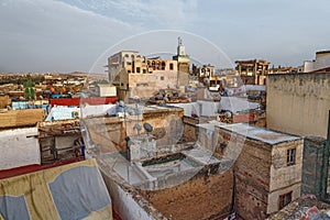 View of the old buildings roofs in medina quarter of Fez in Morocco. The medina of Fez is listed as a World Heritage Site and is