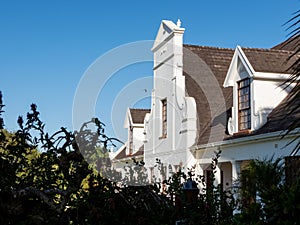 View of an old Cape Dutch house behind some bushes.