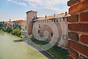 View of the Old Castle or Castelvecchio from Castel Vecchio Scaliger Bridge over Adige River