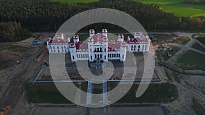 View on the old castle-palace Puslovsky. Kossovo, Belarus aerial video