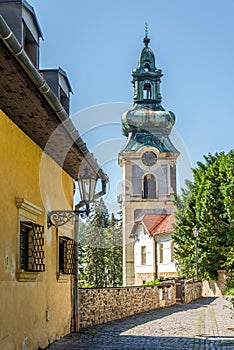 View at the Old Castle Tower from street in Banska Stiavnica, Slovakia
