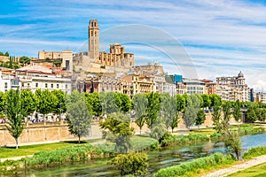 View at the Old Cathedral Seu Vella with Segre river in Lleida - Spain photo